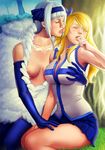  2girls angel_(fairy_tail) bangs bare_shoulders biting blonde_hair blue_skirt blush breasts cleavage dianavigo elbow_gloves eyes_closed fairy_tail feathers gloves grabbing grass hair_ribbon hatoko-sama large_breasts long_gloves long_hair lucy_heartfilia multiple_girls nature nipples open_mouth pleated_skirt realistic ribbon short_hair skirt small_breasts source_request tattoo thighhighs thighs tree vest white_hair wings yuri 