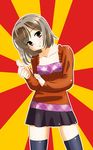  black_legwear blush bras_d'honneur brown_eyes brown_hair head_tilt macedonian_flag mageres meme pose sasaki_(suzumiya_haruhi) sentape short_hair sketch skirt smile solo sunburst suzumiya_haruhi_no_yuuutsu thighhighs 