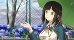  akinashi_yuu brown_hair copyright_name dated flower green_eyes highres holding hydrangea koi_to_senkyo_to_chocolate long_hair school_uniform shinonome_satsuki solo translation_request umbrella wallpaper watermark 