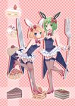  animal_ears aqua_eyes bare_shoulders blonde_hair bow bowtie breasts bunny_ears bunny_girl bunny_tail bunnysuit cake cleavage detached_collar food fork fruit green_eyes green_hair gumi hair_ornament hair_ribbon high_heels highres kagamine_rin knife leaning leaning_forward looking_at_viewer multiple_girls nail_polish open_mouth ribbon shoes short_hair skirt small_breasts smile standing strawberry tail thighhighs vocaloid wrist_cuffs yayoi_(egoistic_realism) 