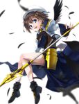  blue_eyes book brown_hair feathers fingerless_gloves gloves hair_ornament hat lyrical_nanoha mahou_shoujo_lyrical_nanoha_strikers schwertkreuz short_hair solo staff tome_of_the_night_sky wings x_hair_ornament yagami_hayate yone 