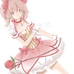  2011 arrow bow bow_(weapon) bubble_skirt choker dated dutch_angle flat_chest flower frills gloves hair_bow highres kaname_madoka light_smile looking_at_viewer magical_girl mahou_shoujo_madoka_magica nanaonal pink_eyes pink_hair puffy_sleeves rose short_sleeves short_twintails signature simple_background skirt solo soul_gem twintails watermark weapon white_background white_gloves 