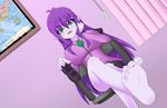  absurd_res barefoot blush demon_girl feet foot green_eyes huge_breasts map original pointy_ears purple_hair purple_skin smile 