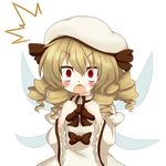 1girl aki_chimaki blonde_hair blush bow brown_hair chestnut_mouth drill_hair fairy_wings hat highres long_hair luna_child open_mouth red_eyes solo touhou transparent_background wings 