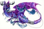  2015 antlers claws dragon feathered_dragon feathers feral horn purple_feathers ravoilie simple_background solo traditional_media_(artwork) white_background 