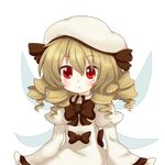  aki_chimaki blonde_hair blush bow brown_hair drill_hair fairy_wings hat highres long_hair luna_child red_eyes solo touhou transparent_background wings 