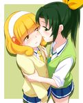  blonde_hair blush green_eyes green_hair hairband kise_yayoi midorikawa_nao minu multiple_girls nanairogaoka_middle_school_uniform ponytail precure school_uniform short_hair sleeves_rolled_up smile_precure! white_hairband yellow_eyes yuri 