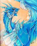  2015 blue_skin blue_tongue dragon feral green_eyes membranous_wings open_mouth ravoilie simple_background solo teeth tongue traditional_media_(artwork) wings 