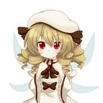  aki_chimaki blonde_hair blush bow brown_hair chestnut_mouth drill_hair fairy_wings hat highres long_hair luna_child red_eyes smile solo touhou transparent_background wings 
