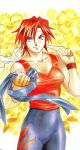  1girl absurdres bare_arms bare_shoulders black_pants breasts clenched_hand closed_mouth collarbone cowboy_shot crease fingerless_gloves fingernails floral_background flower gloves headband highres holding holding_jacket holding_unworn_clothes jacket kirishima_kanna legs_together looking_at_viewer martial_arts_belt matsubara_hidenori medium_breasts official_art orange_gloves pants poster_(medium) print_pants purple_eyes red_hair red_tank_top red_wristband sakura_taisen saturated scan scan_artifacts sega short_hair smile spiked_hair standing tall_female tank_top third-party_source traditional_media white_headband yellow_flower yellow_jacket 