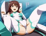  anus bare_shoulders bodysuit boots brown_eyes brown_hair closed_eyes cockpit kyouno_madoka long_legs mall_link_suit open_mouth pussy rinne_no_lagrange spread_legs sweat thigh_boots thighhighs torn_clothes translated umakatsuhai 