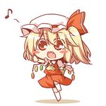  :d ascot blonde_hair blush_stickers chibi eighth_note fang flandre_scarlet hat hat_ribbon kousa_(black_tea) musical_note open_mouth outstretched_arms red_eyes ribbon shirt side_ponytail simple_background skirt skirt_set smile solo spread_arms standing standing_on_one_leg touhou wings 