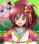  brown_hair fukumitsu_(kirarirorustar) gen_1_pokemon jigglypuff long_hair looking_at_viewer nobunaga_no_yabou oichi_(sengoku_musou) open_mouth pokemon pokemon_(creature) pokemon_(game) pokemon_+_nobunaga_no_yabou sengoku_musou smile 