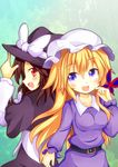  aki_chimaki back-to-back blonde_hair blush breasts brown_hair bug butterfly hat insect maribel_hearn medium_breasts multiple_girls open_mouth purple_eyes red_eyes smile touhou usami_renko 