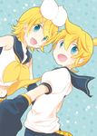  1girl bad_id bad_pixiv_id blonde_hair blue_eyes bow brother_and_sister detached_sleeves hair_bow hair_ornament hairclip kagamine_len kagamine_rin matsyumaro sailor siblings twins vocaloid 