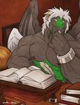  anthro biceps big_muscles book dragon english_text hair ink inkwell literature long_hair male muscles nipples pecs room solo study text vein veins wfa wings wolf_urameshi wolfurameshi writer yellow_eyes 