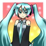  bare_shoulders blush fukumitsu_(kirarirorustar) hatsune_miku headphones long_hair looking_at_viewer necktie smile solo twintails very_long_hair vocaloid 