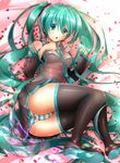  arkcide boots detached_sleeves green_eyes green_hair hatsune_miku headset highres long_hair lying necktie panties petals skirt solo striped striped_panties thigh_boots thighhighs twintails underwear very_long_hair vocaloid 