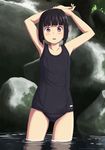  armpits arms_up black_hair blush dated kama_iruka one-piece_swimsuit open_mouth original purple_eyes rock school_swimsuit short_hair solo swimsuit wading water wet 
