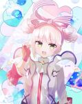  1girl :d atelier_(series) atelier_firis atelier_sophie_2 blue_background brown_gloves commentary_request cosplay double_bun fingerless_gloves gloves green_eyes hair_bun hair_ribbon hand_up highres ilmeria_von_leinweber ilmeria_von_leinweber_(cosplay) kino_te long_sleeves looking_at_viewer official_alternate_costume open_mouth plachta purple_ribbon ribbon shirt short_hair smile solo upper_body white_shirt 