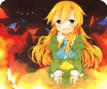  blonde_hair blue_eyes dress fire flower ib long_hair mary_(ib) minamiya_mia petals rose solo spoilers tears yellow_flower yellow_rose 