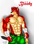  anthro bandage belt biceps blood blue_eyes canine clothed clothing eyewear fur glasses goggles half-dressed hunter hunterramirez knife male mammal medallion melee_weapon muscles necklace pants pecs plain_background pose red red_fur solo sunglasses topless weapon white_background wolf 
