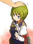  :t blue_eyes blush green_hair hand_on_another's_head hands hat hat_removed headwear_removed looking_down out_of_frame petting pout shibasaki_shouji shiki_eiki short_hair solo_focus touhou 