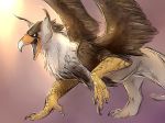  2017 avian beak feathered_wings feathers feral gryphon mollish open_mouth simple_background smile solo standing wings 