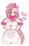  apron asymmetrical_bangs bangs bow breast_squeeze breasts brown_hair detached_collar huge_breasts long_hair mel/a naked_apron original red_eyes ripre solo very_long_hair 