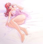  ano_natsu_de_matteru barefoot bed blue_eyes blush breasts glasses large_breasts legs lingerie long_hair long_legs lying mori_chu negligee open_mouth red_hair solo takatsuki_ichika thighs underwear 