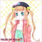  1girl blue_eyes brown_hair coat copyright_name elle_mel_martha frills hat jewelry long_hair necklace star tales_of_(series) tales_of_xillia tales_of_xillia_2 title_drop twintails 