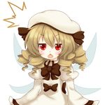  1girl aki_chimaki blonde_hair blush bow brown_hair chestnut_mouth drill_hair fairy_wings hat highres long_hair luna_child open_mouth red_eyes solo touhou transparent_background wings 