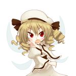  aki_chimaki blonde_hair blush bow brown_hair chestnut_mouth drill_hair fairy_wings fighting_stance hat highres long_hair luna_child open_mouth red_eyes solo touhou transparent_background wings 