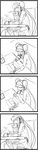  4koma coffee_mug comic cup double_bun doughnut eating food gendou_pose greyscale hands_clasped headphones highres koss long_hair mei_(pokemon) monochrome mug own_hands_together panties_(pantsu-pirate) pantyhose pokemon pokemon_(game) pokemon_bw2 shorts sitting solo twintails visor_cap 