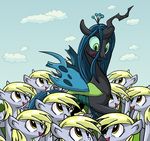  changeling cloud derpy_hooves_(mlp) equine fangs female feral friendship_is_magic green_eyes group hair horn horse long_hair mammal my_little_pony pegasus pony queen_chrysalis_(mlp) sky wings xkappax yellow_eyes 