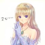  400 bare_shoulders blonde_hair dress elbow_gloves gloves jewelry long_hair lowres necklace original purple_eyes simple_background solo tiara white_background 