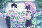  1girl bad_id bad_pixiv_id black_hair blurry blush booota closed_eyes confession depth_of_field embarrassed flower giving hair_bun hetero holding holding_flower holding_umbrella hydrangea leaning_forward original outstretched_arms profile rain school_uniform shy sidelocks umbrella wall wet 