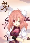  aki_chimaki blush bun_cover crossed_arms double_bun flower ibaraki_kasen looking_at_viewer one_eye_closed rose solo touhou 