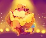  bad_id clothed_pokemon commentary creature dancing dress flaaffy full_body gen_2_pokemon glitchedpuppet highres light looking_up no_humans open_mouth pokemon pokemon_(creature) sheep signature solo yellow_dress 