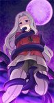  azumakuro bdsm black_legwear bondage boots bound crotch_seam fate/zero fate_(series) full_moon irisviel_von_einzbern long_hair molestation moon panties panties_under_pantyhose pantyhose purple_eyes purple_moon saliva silver_hair tentacles thigh_boots thighhighs underwear 