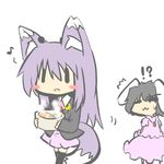  2girls aburaage alternate_animal_ears animal_ears black_legwear blush_stickers bunny_ears carrot carrot_necklace crescent crescent_moon_pin eighth_note food fox_ears fox_tail goma_(gomasamune) inaba_tewi jewelry kemonomimi_mode kitsune_udon lavender_hair multiple_girls musical_note necklace necktie pendant pun reisen_udongein_inaba skirt tail touhou 