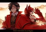  1girl animal_ears black_hair fang glasses konshin long_hair opera_the_vermelho pixiv_fantasia pixiv_fantasia_sword_regalia red_eyes red_hair wolf_ears 