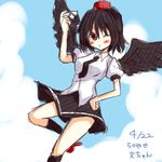  aki_chimaki black_hair black_wings blush camera hand_on_hip hat looking_at_viewer one_eye_closed red_eyes shameimaru_aya short_hair skirt sky solo tokin_hat touhou translated wings 