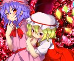  arm_grab ascot bad_id bad_pixiv_id bat_wings blonde_hair blouse brooch ears fang fingernails flandre_scarlet hand_on_own_face hat hat_ribbon highres jewelry kobayashi_marina lavender_hair light_smile looking_at_viewer multiple_girls nail_polish red_background red_eyes remilia_scarlet ribbon short_hair short_sleeves siblings sisters skirt touhou vest wings 