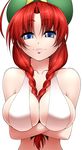  :3 bad_id bad_pixiv_id bare_shoulders between_breasts blue_eyes braid breast_hold breasts cleavage crossed_arms hat highres hong_meiling large_breasts long_hair looking_at_viewer mattari_yufi red_hair simple_background smile smug solo touhou twin_braids upper_body 
