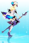  aqua_background armor armored_dress bad_id bad_pixiv_id crown dress feathers gwendolyn odin_sphere polearm purple_eyes silver_hair solo spear strapless strapless_dress suki_(crossberry) thighhighs weapon wings 