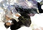  1girl black_eyes black_hair couple dress emiya_kiritsugu facial_hair falling fate/zero fate_(series) hetero husband_and_wife irisviel_von_einzbern long_coat long_hair stubble subdue_ezwei very_long_hair white_hair 