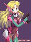  ahoge alicia_satsuki_mcclane aqua_eyes armor black_bodysuit blonde_hair bodysuit bracer breastplate closed_mouth copyright_name covered_navel crotch_plate eyebrows eyebrows_visible_through_hair gloves gun handgun headset holding holding_gun holding_weapon junketsu_duelion leg_armor long_hair looking_at_viewer mecha_musume multicolored multicolored_bodysuit multicolored_clothes official_art pink_armor pink_bodysuit pistol purple_background shiny shiny_clothes shoulder_pads simple_background skin_tight smile solo standing translated trigger_discipline weapon wrist_guards yangsion 