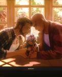  2boys amuii animal bald beard brown_hair couple deadpool deadpool_&amp;_wolverine deadpool_(series) dog dogpool english_commentary facial_hair facing_another forehead-to-forehead heads_together highres holding holding_animal holding_dog indoors long_sleeves looking_at_another male_focus marvel marvel_cinematic_universe multiple_boys muscular open_clothes open_mouth parted_lips pectorals scar shirt short_hair sitting smile teeth tongue tongue_out twitter_username window wolverine_(x-men) x-men yaoi 