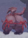  anthro big_breasts bow breasts dragon female gigantilewd huge_breasts hyper hyper_breasts nude outside ribbons scalie snow solo standing thick_thighs 